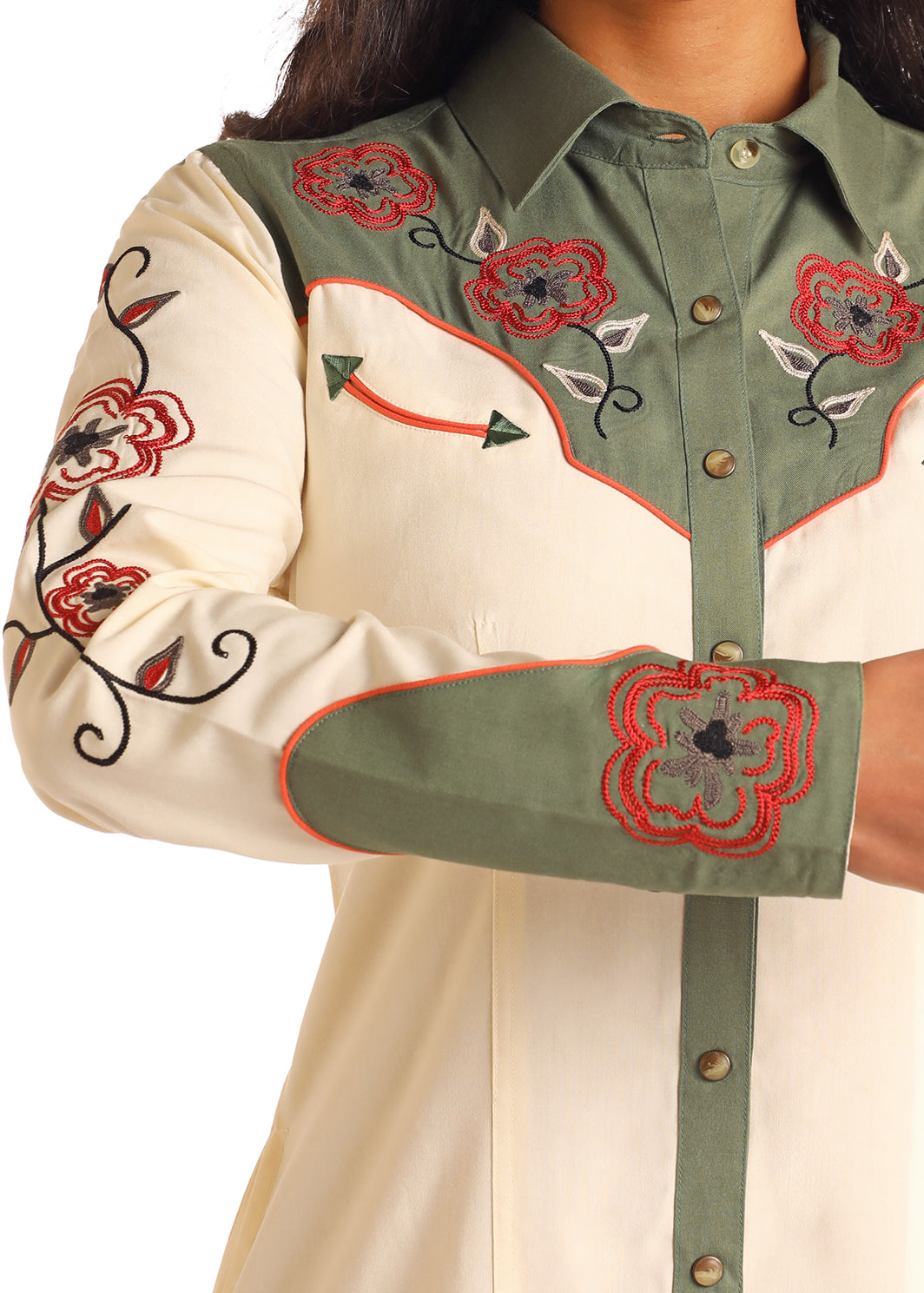 PANHANDLE SLIM RETRO FLORAL EMBROIDERED SNAP DRESS