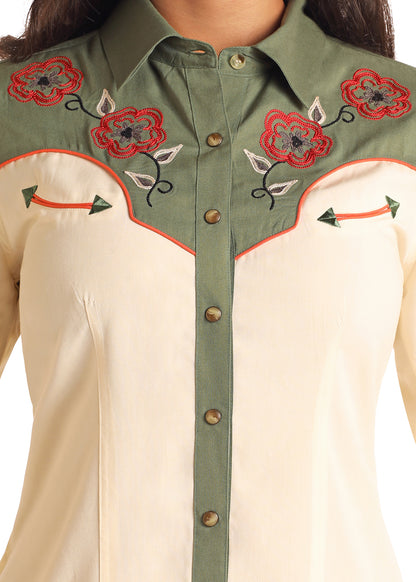 PANHANDLE SLIM RETRO FLORAL EMBROIDERED SNAP DRESS