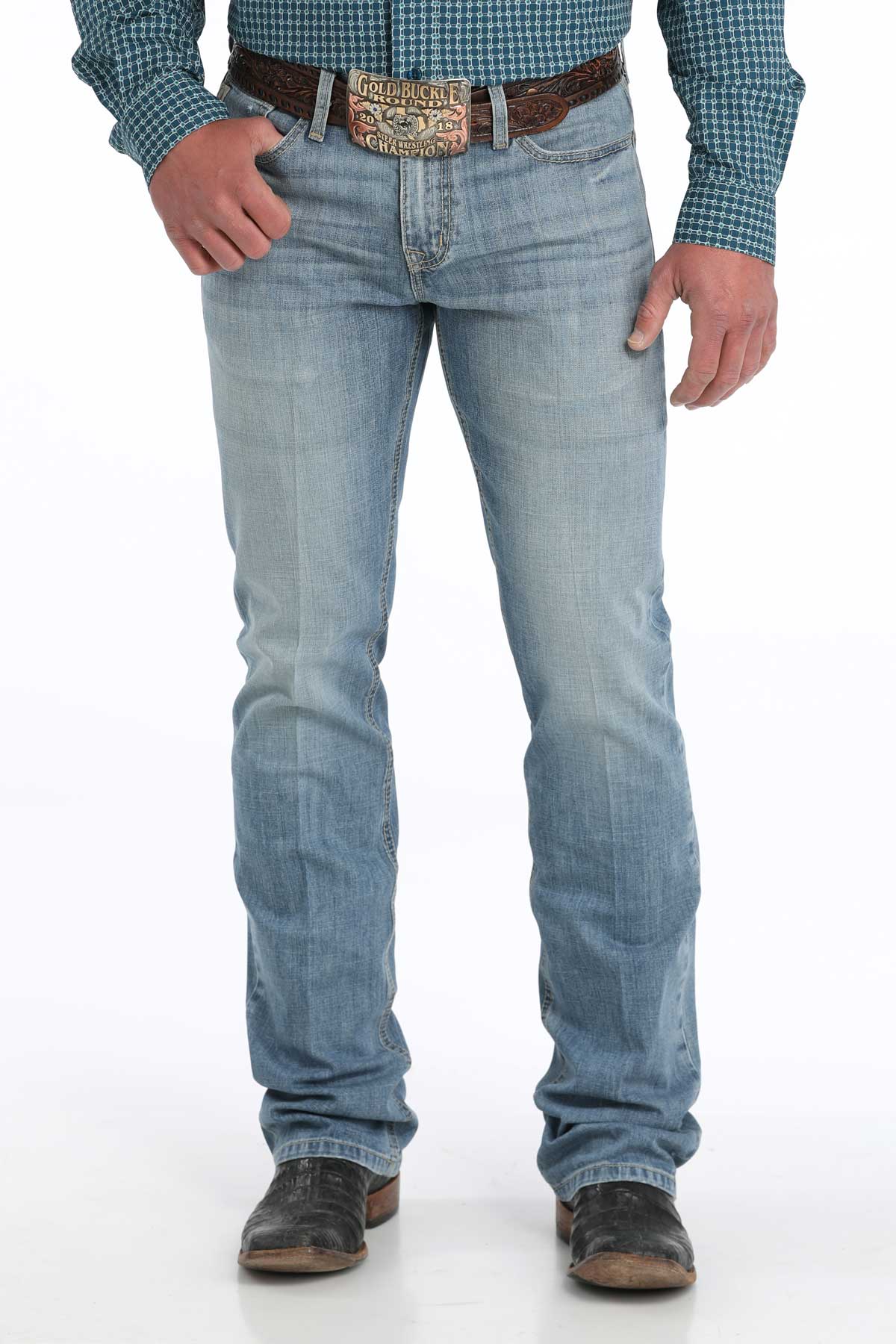 Cinch Denim Ian Light Stone Wash Mid Rise Slim Fit Boot Cut Jean