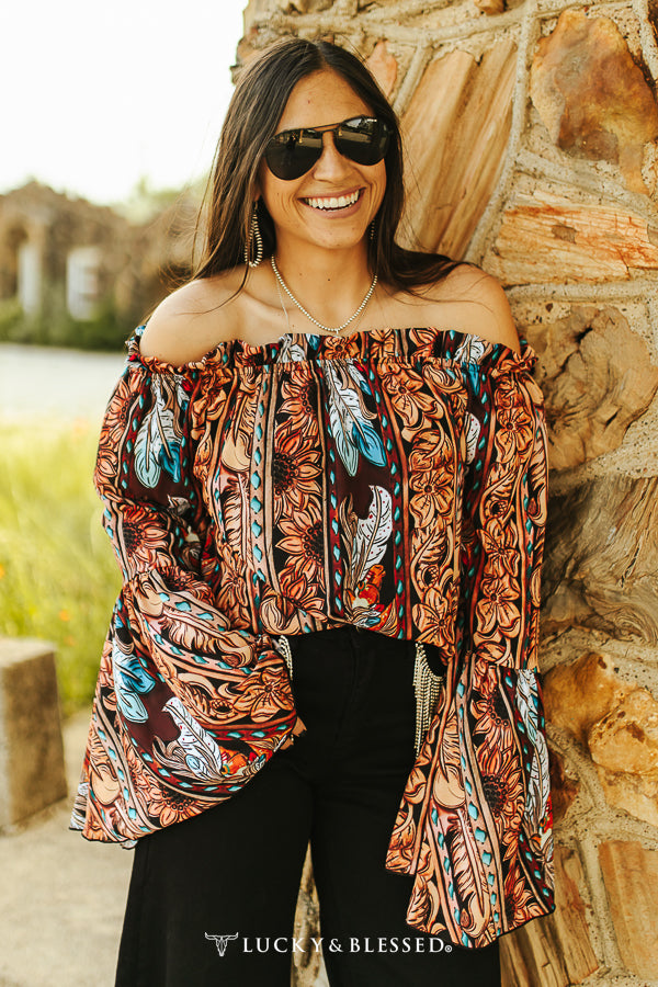 Feather Tooled Chiffon Off The Shoulder Top
