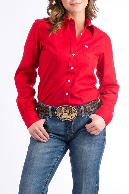 CINCH RED SOLID BUTTON DOWN LONG SLEEVE SHIRT