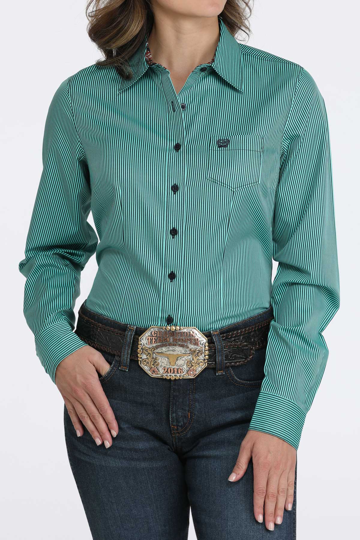 Cinch Women's Turquoise Long Sleeve Stripe Button Down Shirt