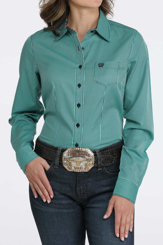 Cinch Women's Turquoise Long Sleeve Stripe Button Down Shirt
