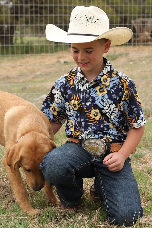 Cinch Boy's Blue Hawaiian Print Polo Shirt