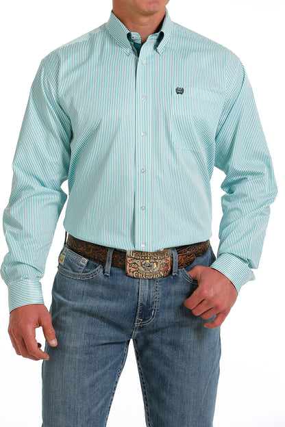 CINCH MENS WHITE & TURQUOISE STRIPED LONG SLEEVE SHIRT
