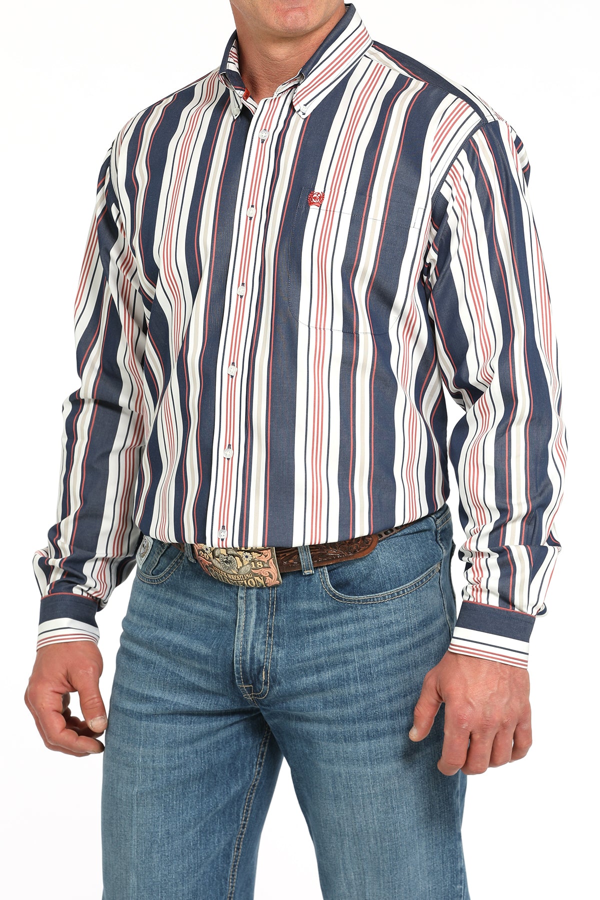 Cinch Men's Navy Striped Long Sleeve Shirt