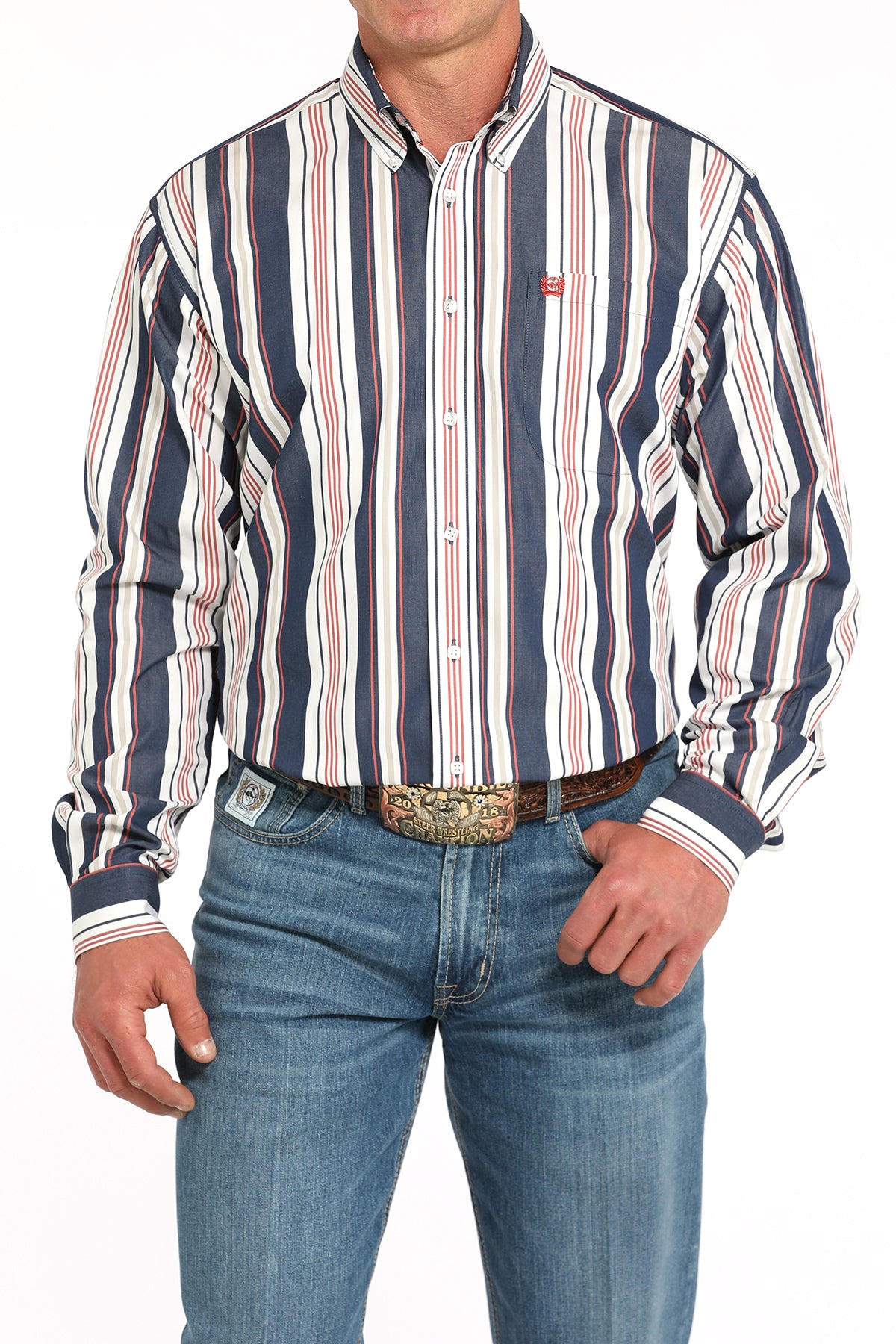 Cinch Men's Navy Striped Long Sleeve Shirt