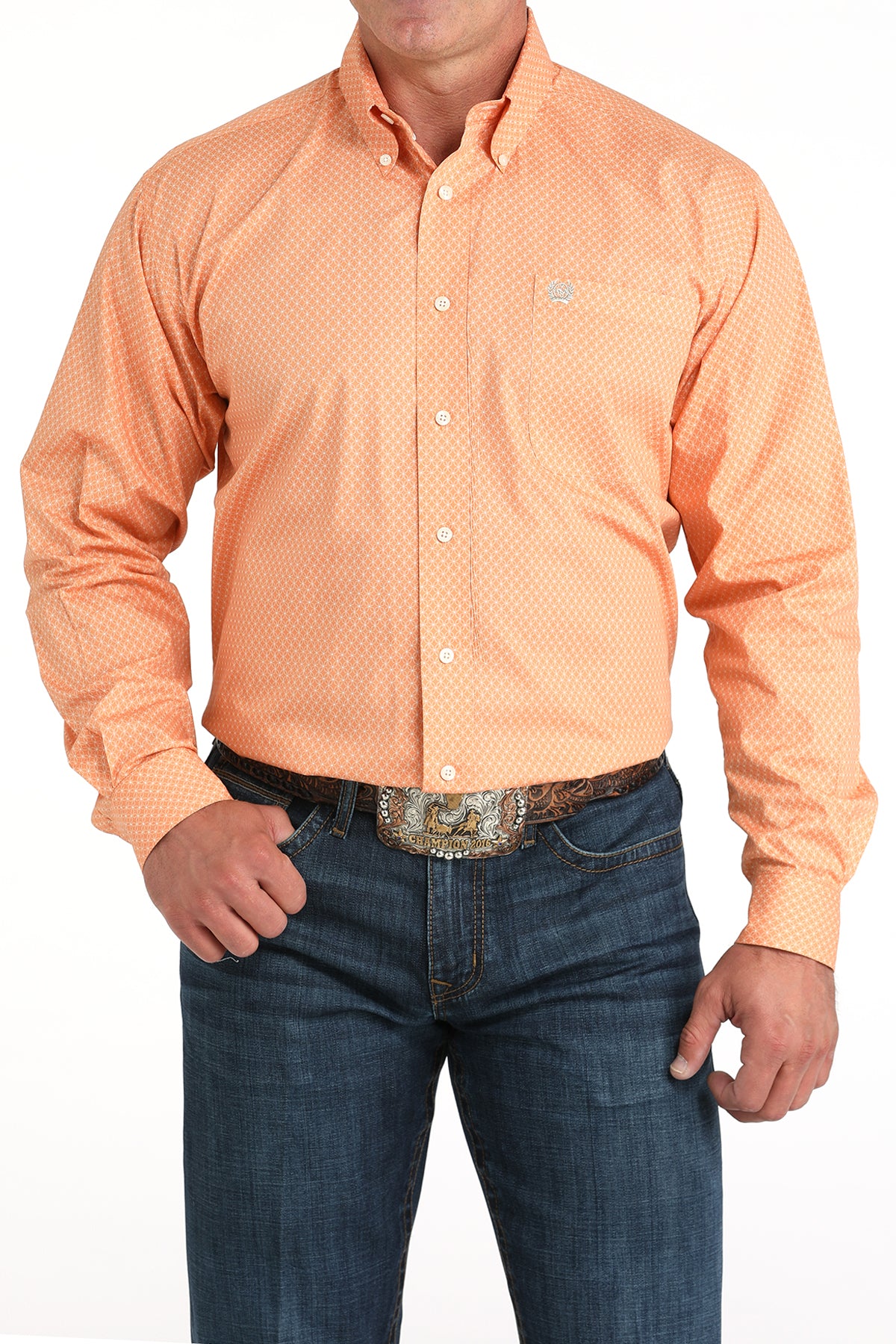 Cinch Men's Orange Geo Print Long Sleeve Shirt