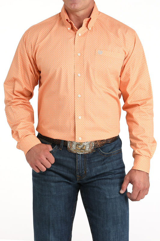 Cinch Men's Orange Geo Print Long Sleeve Shirt