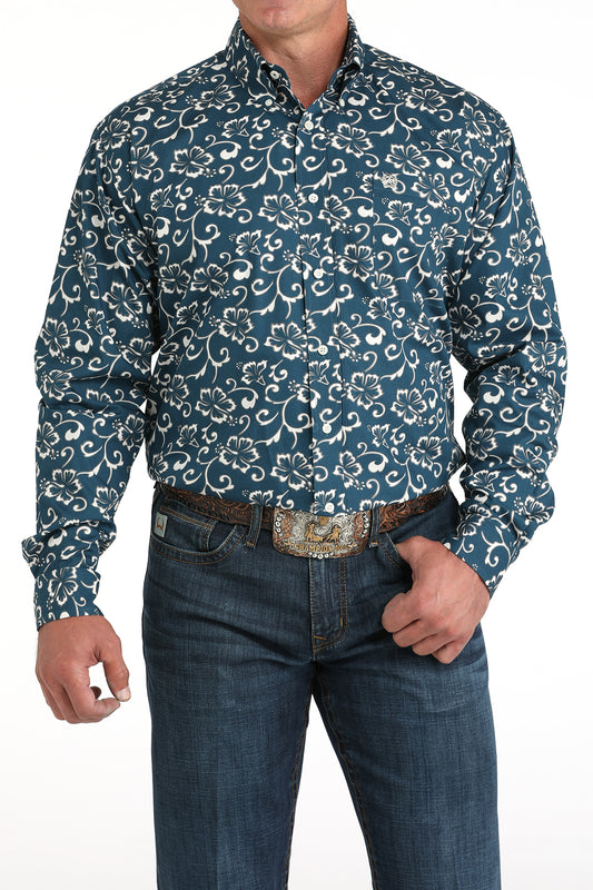 Cinch Teal Hibiscus Print Long Sleeve Shirt