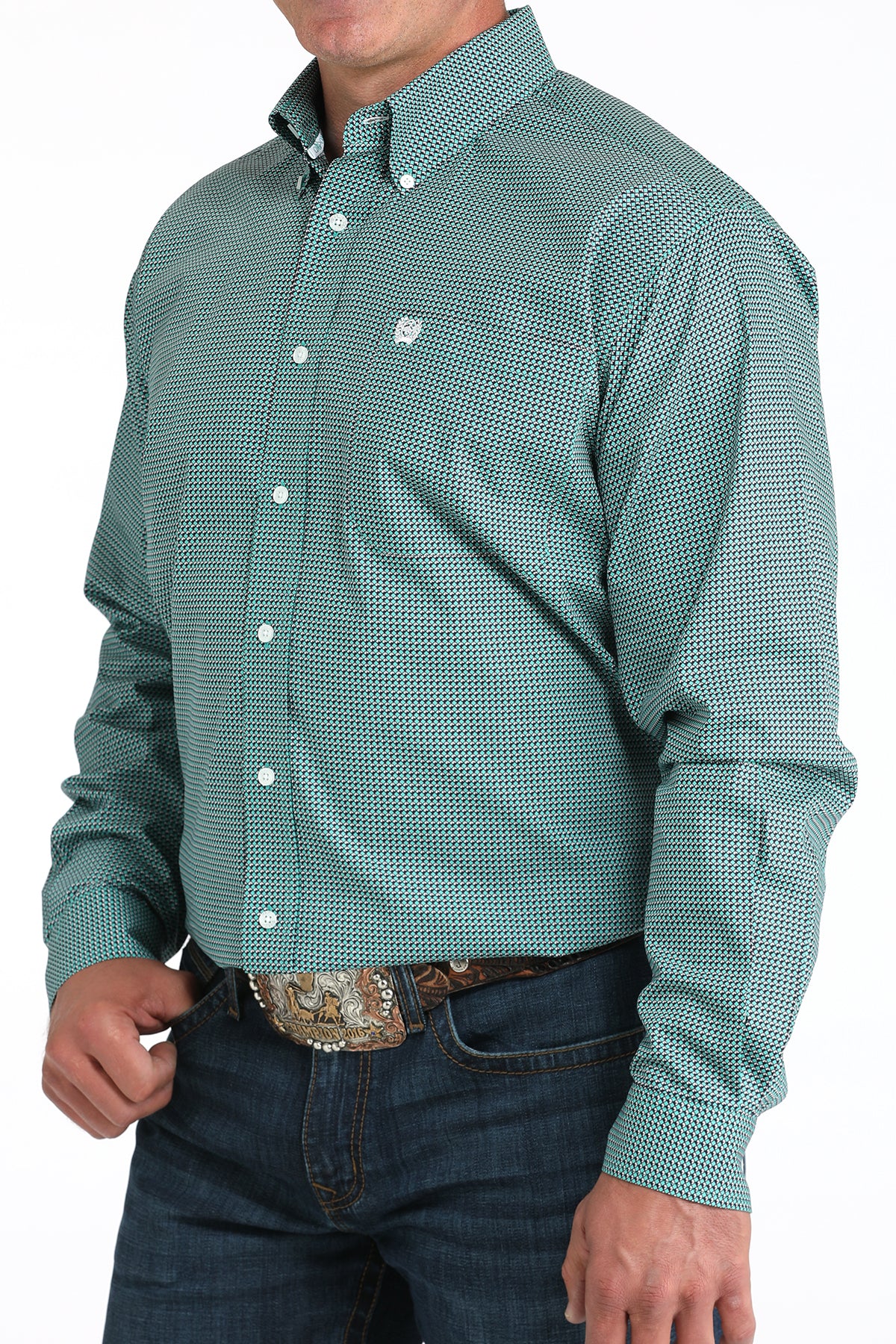 Cinch Men's Turquoise Long Sleeve Print Button Down Shirt