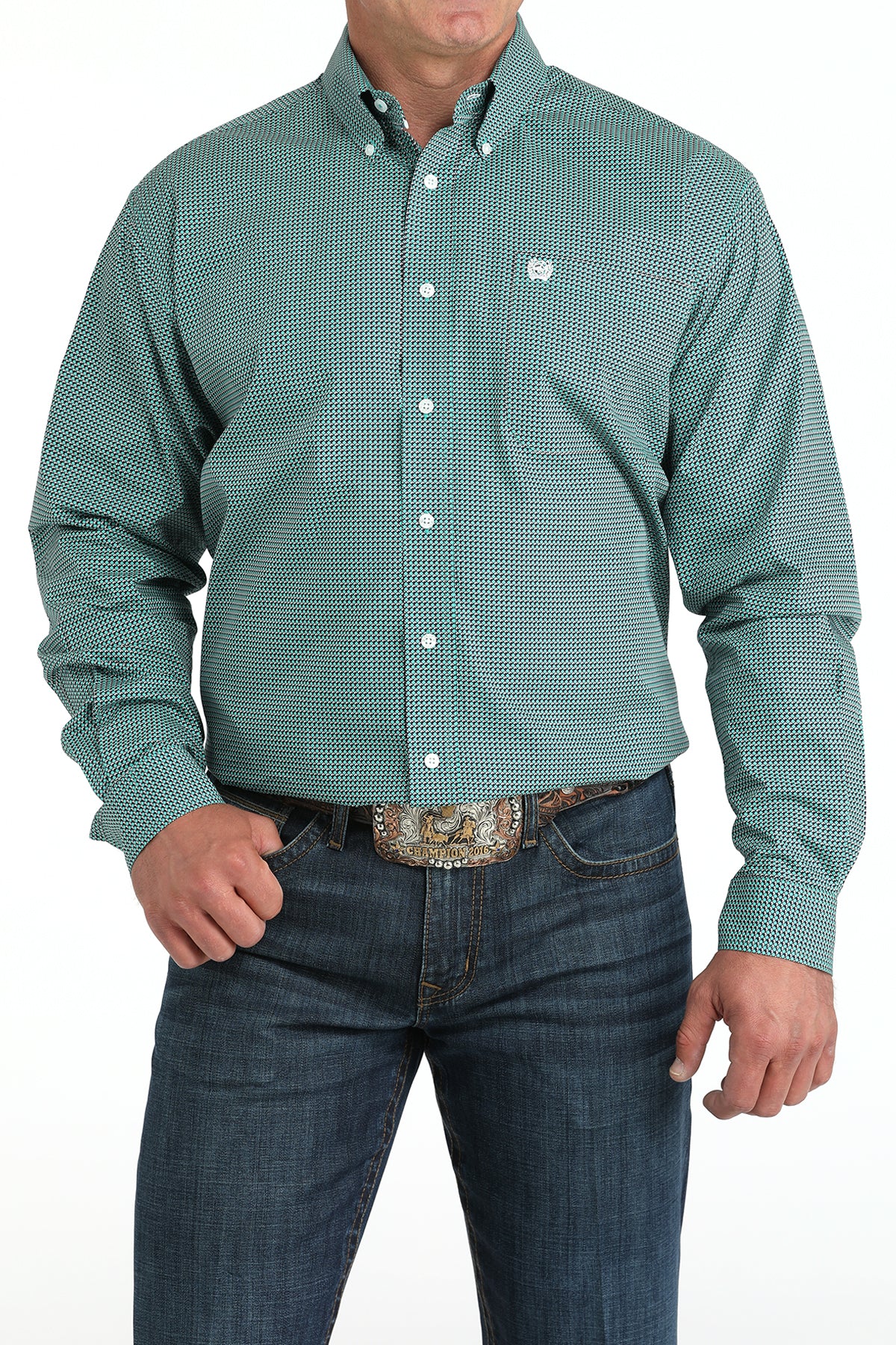 Cinch Men's Turquoise Long Sleeve Print Button Down Shirt