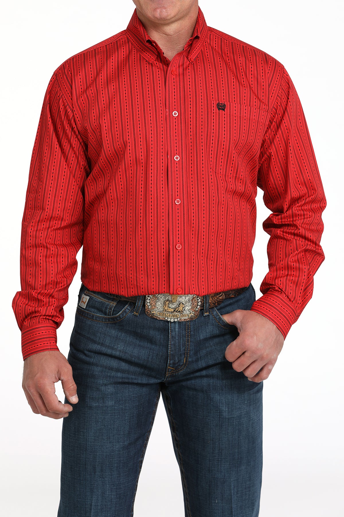 Cinch Red With Black Stripe Long Sleeve Shirt