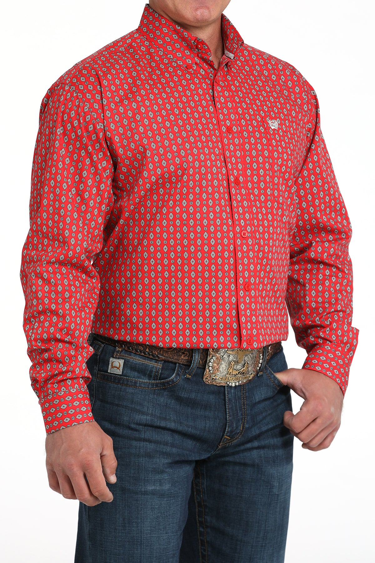 Cinch Red Diamond Print Long Sleeve Shirt