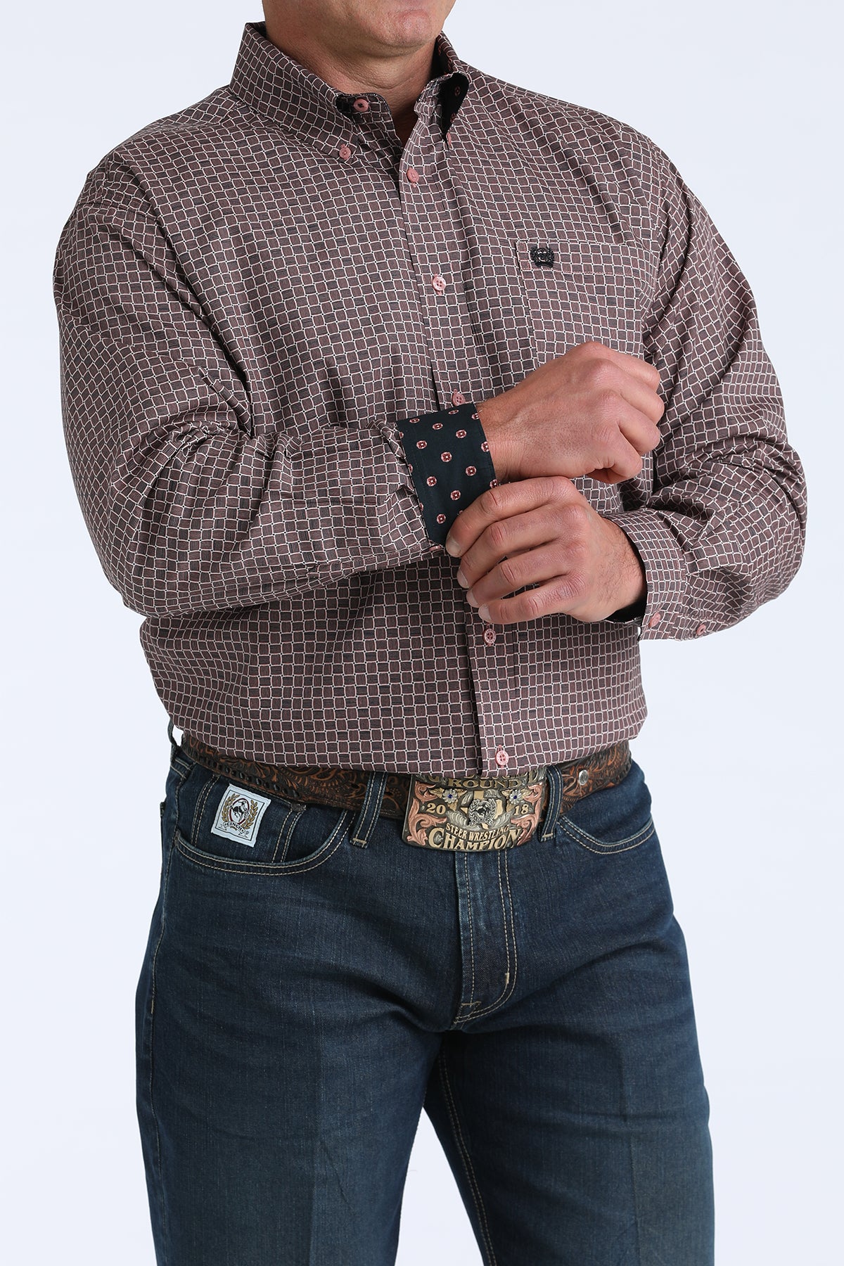 Cinch Men's Pink & Black Stripe Pattern Long Sleeve Shirt