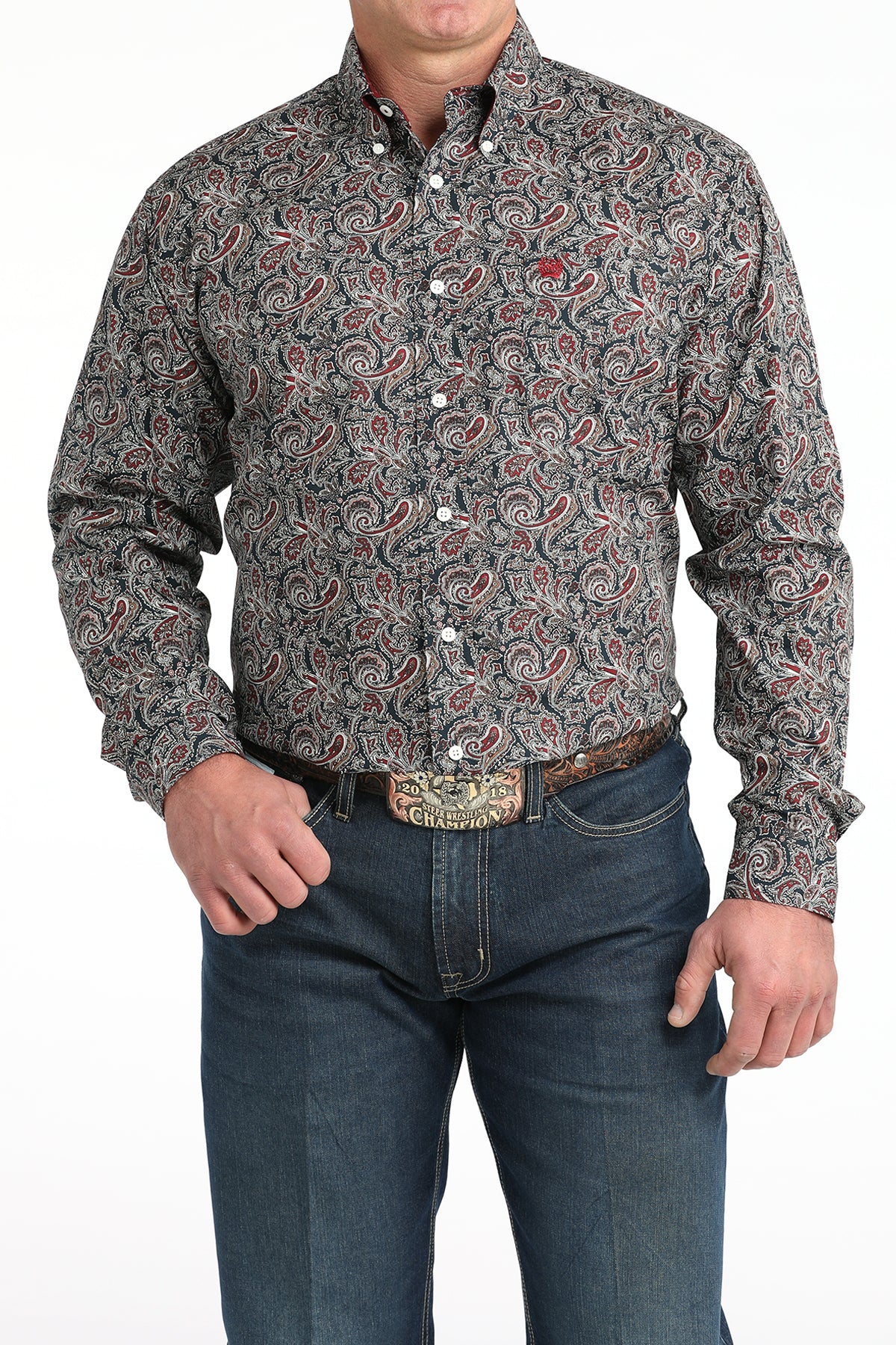 Cinch Men's Navy & Maroon Paisley Print Long Sleeve Shirt