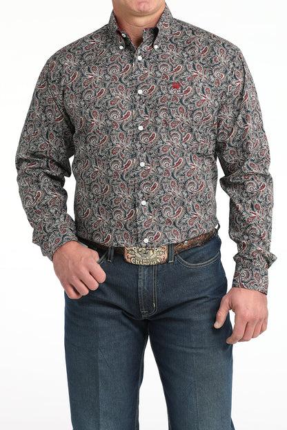 Cinch Men's Navy & Maroon Paisley Print Long Sleeve Shirt