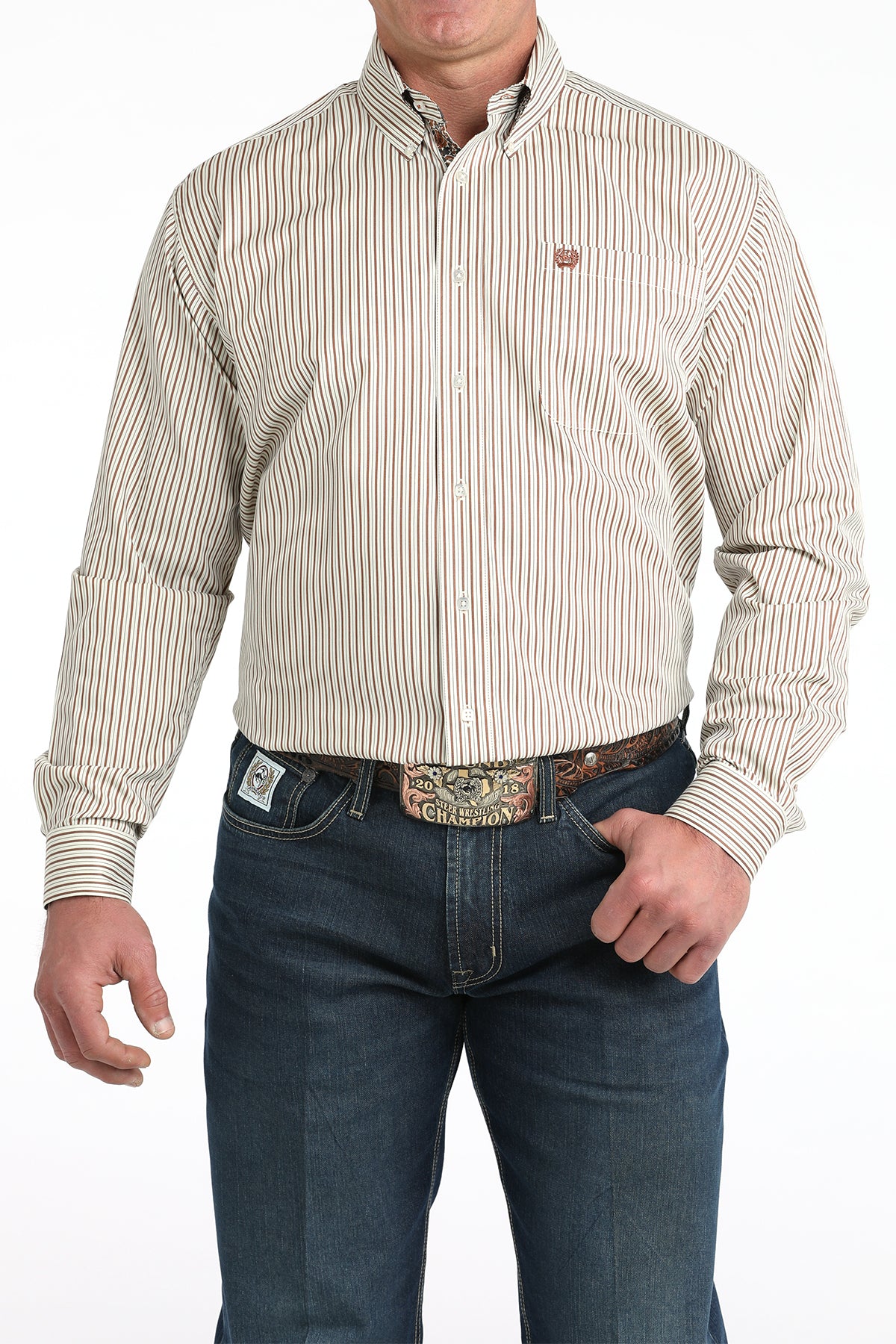 Cinch Rust & Cream Stripped Long Sleeve Shirt