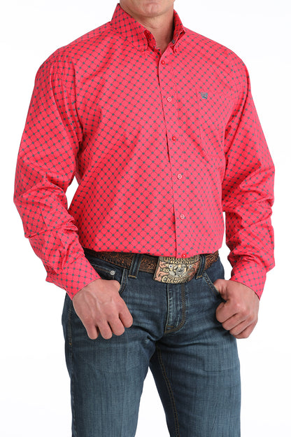 Cinch Men's Pink Geometric Blue Print Classic Fit Long Sleeve Shirt