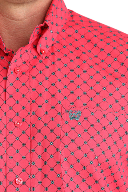 Cinch Men's Pink Geometric Blue Print Classic Fit Long Sleeve Shirt
