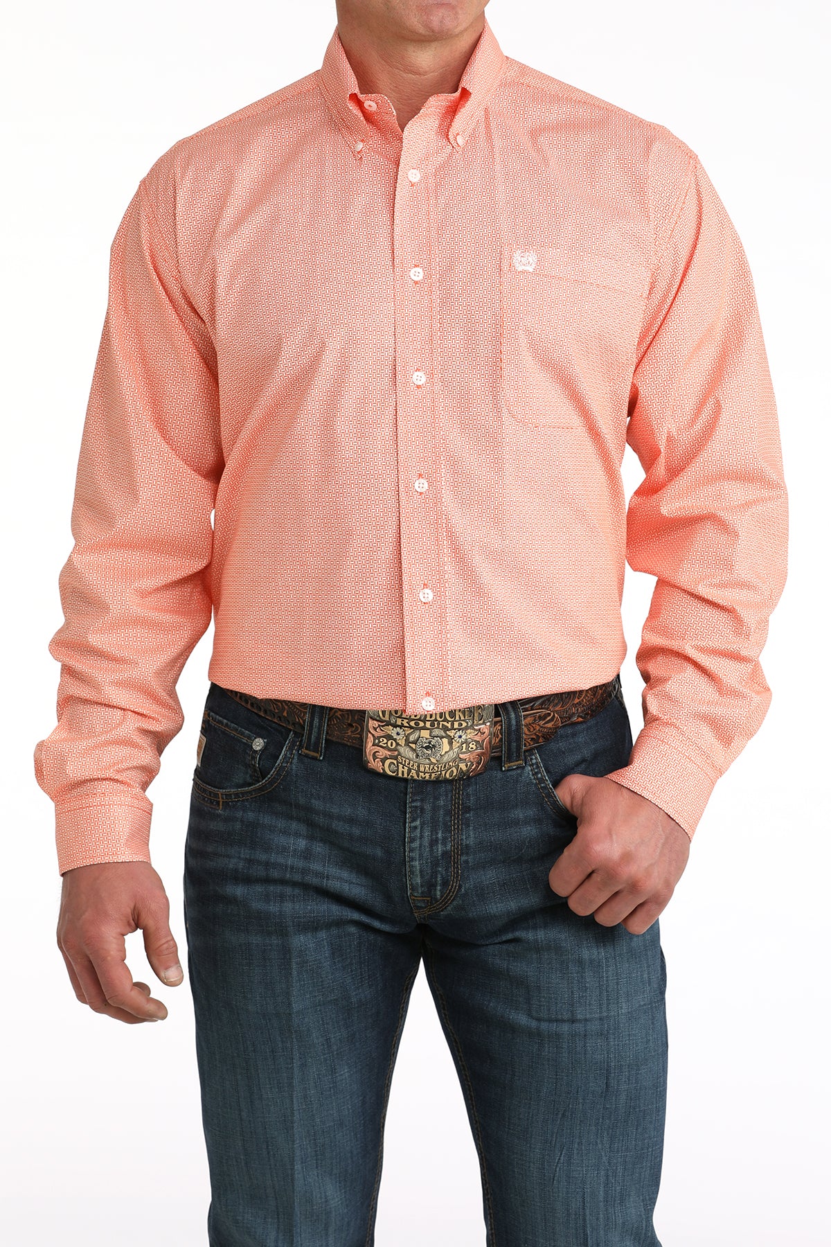 Cinch Men's Orange Geo Print Long Sleeve Shirt