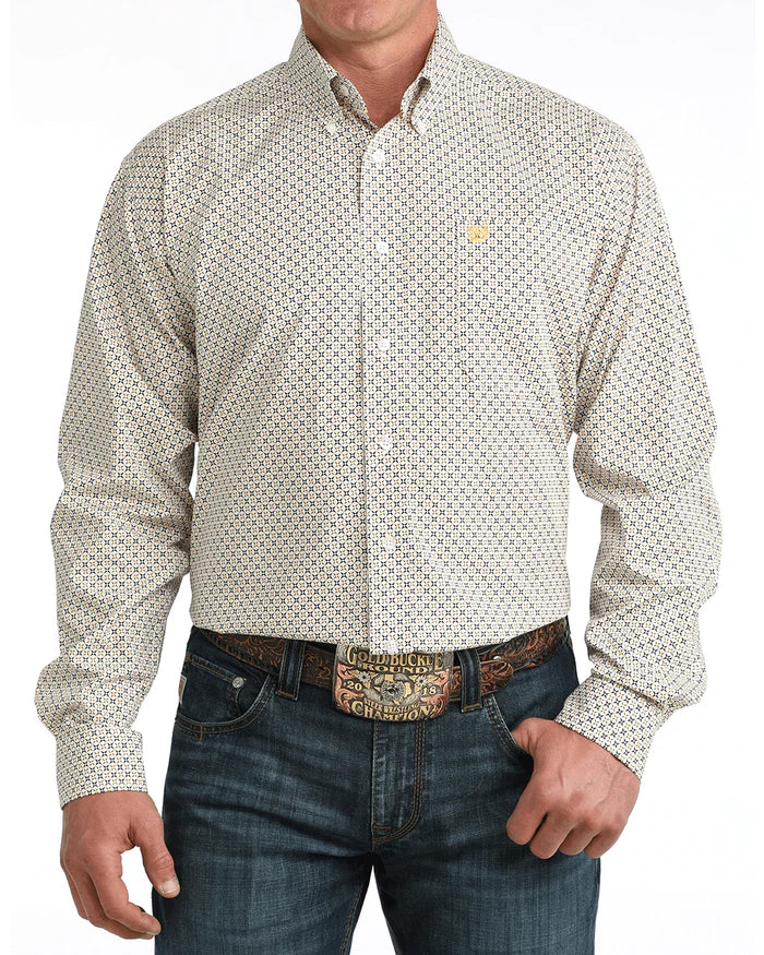 Cinch Men's White Geo Print Long Sleeve Shirt