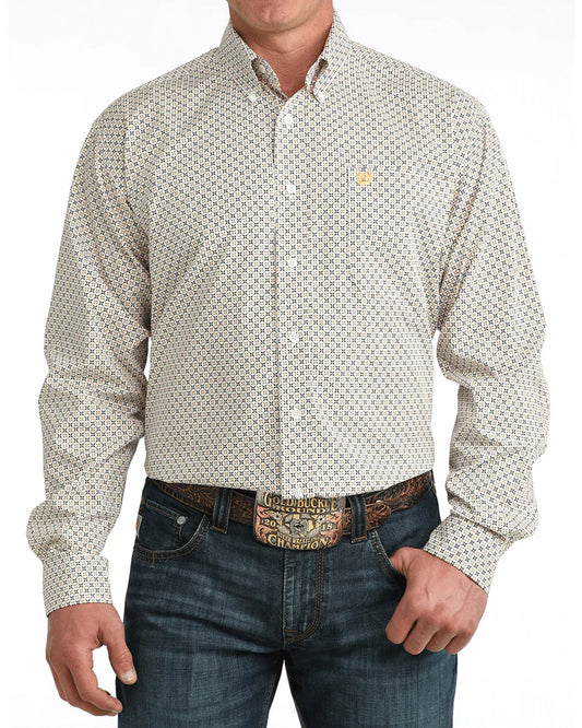 Cinch Men's White Geo Print Long Sleeve Shirt