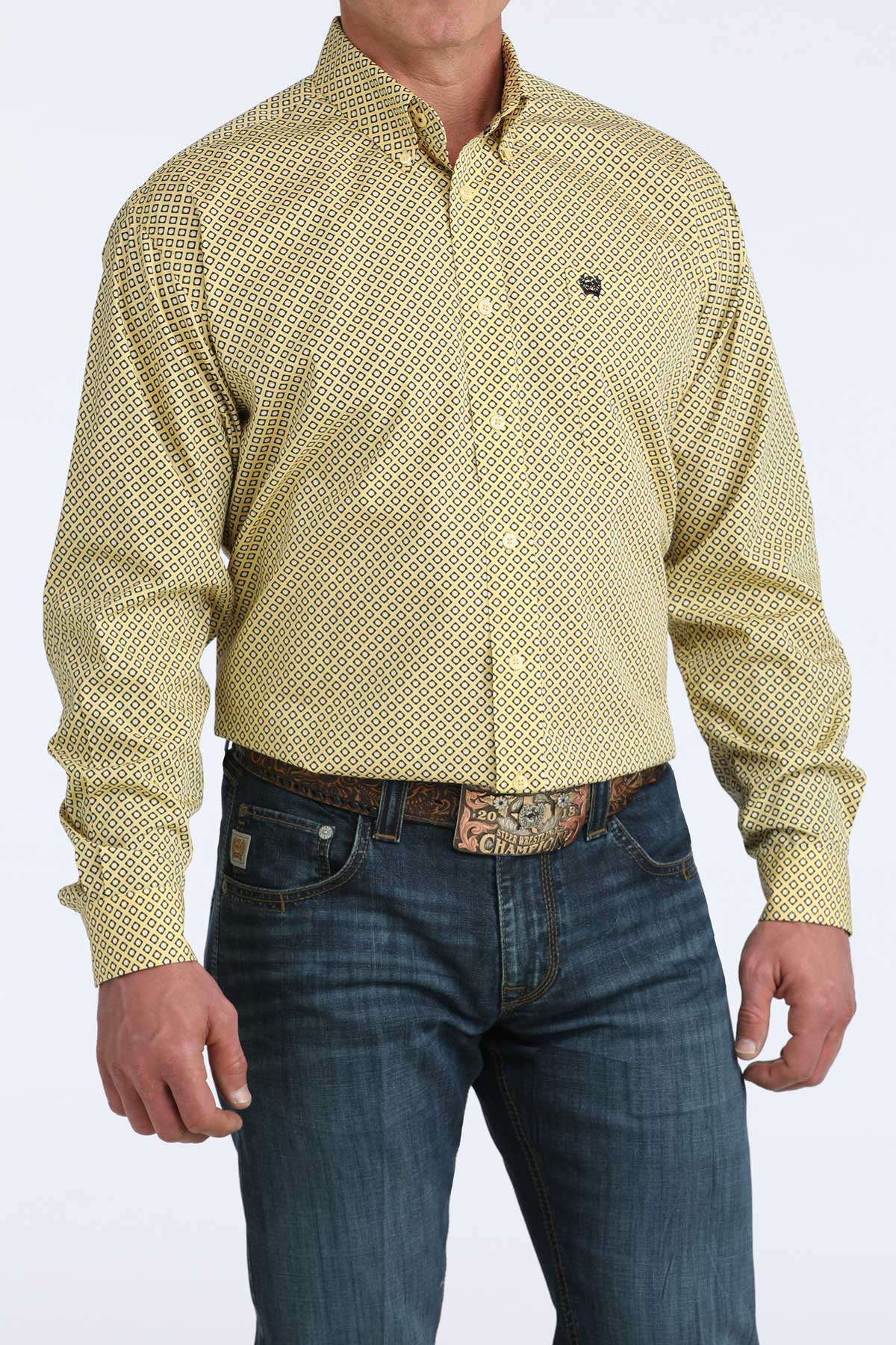 Cinch Yellow Diamond Print Long Sleeve Shirt