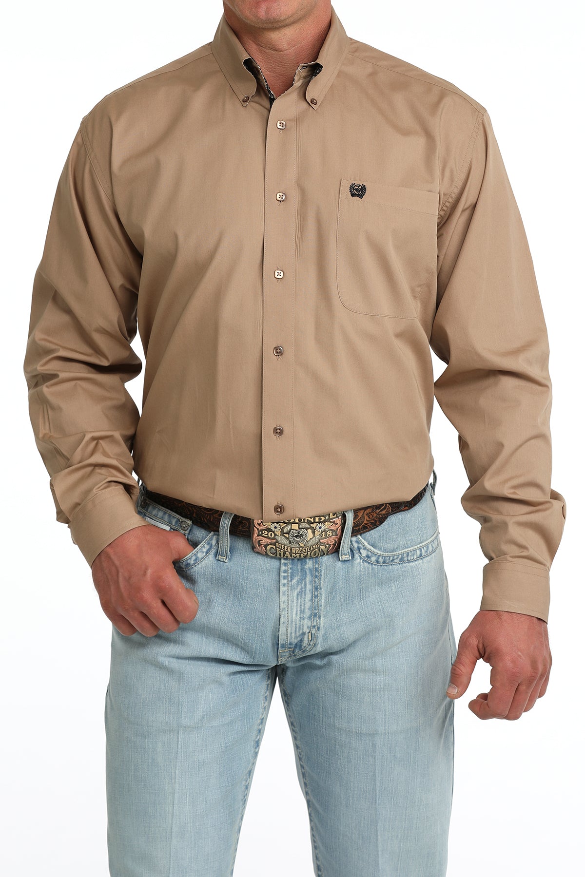 Cinch Long Sleeve Solid Khaki Button Up Shirt