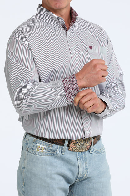 Cinch Long Sleeve White Striped Button Down Shirt