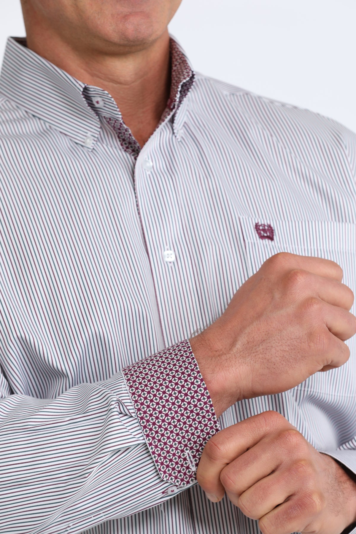 Cinch Long Sleeve White Striped Button Down Shirt