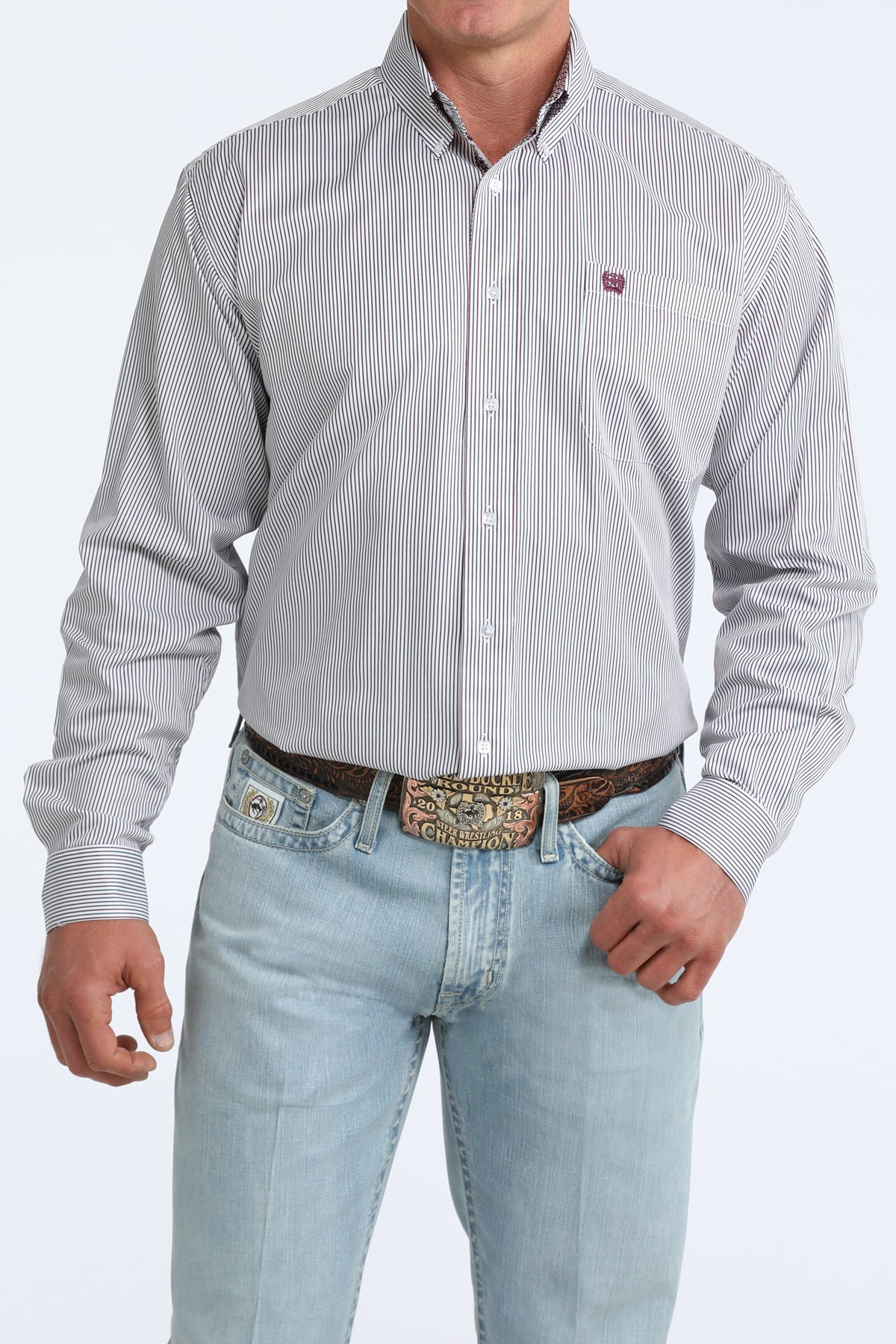 Cinch Long Sleeve White Striped Button Down Shirt