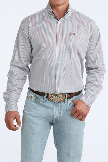 Cinch Long Sleeve White Striped Button Down Shirt