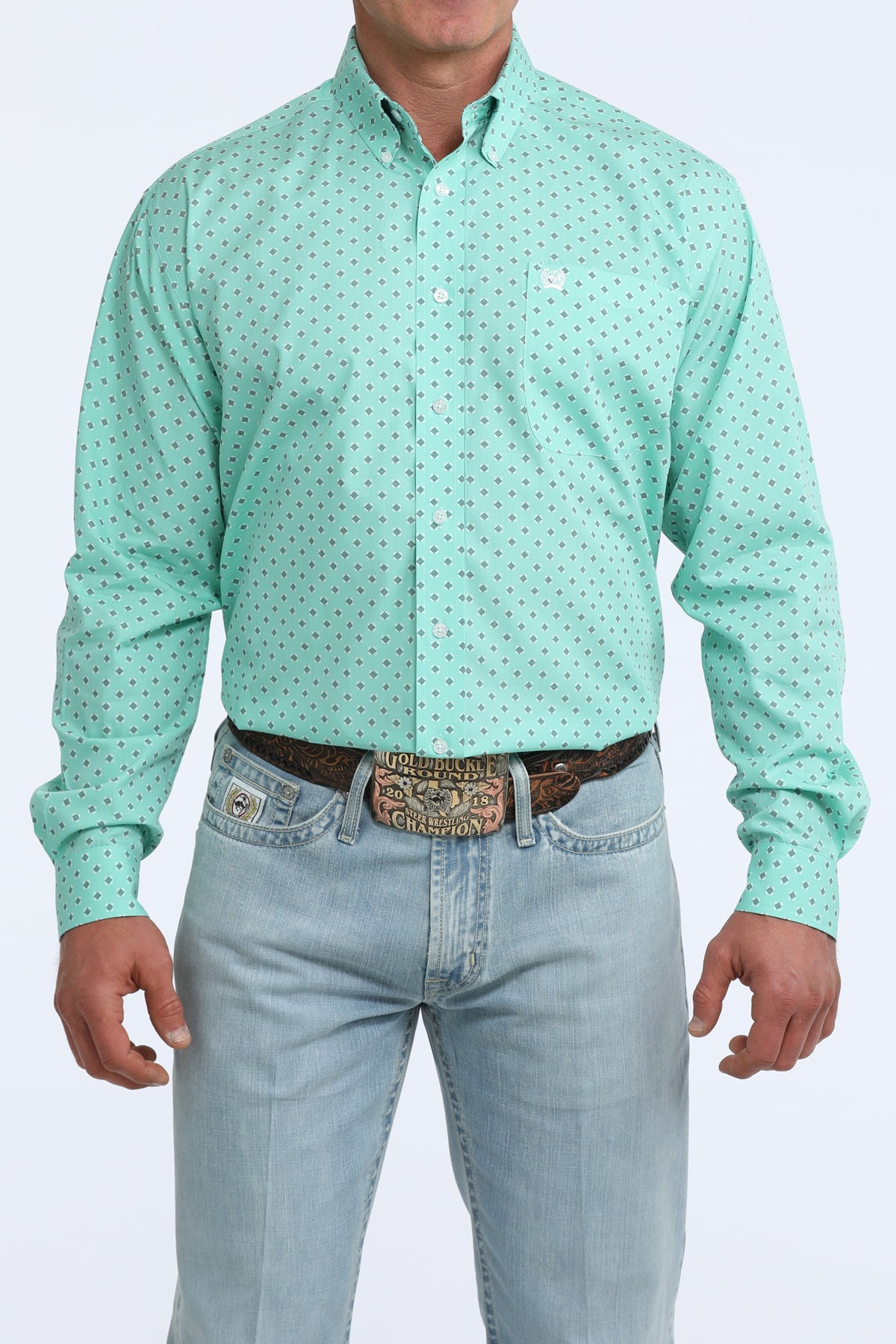 Cinch Men's Turquoise Geometric Print Button-Down Shirt