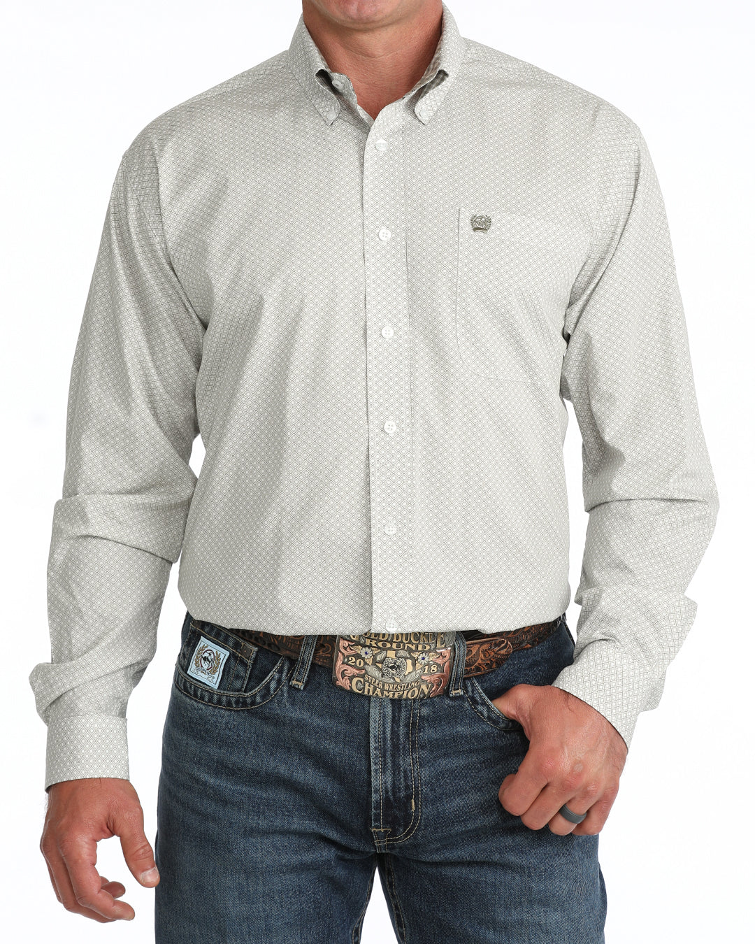Cinch Olive Geometric Print Long Sleeve Shirt