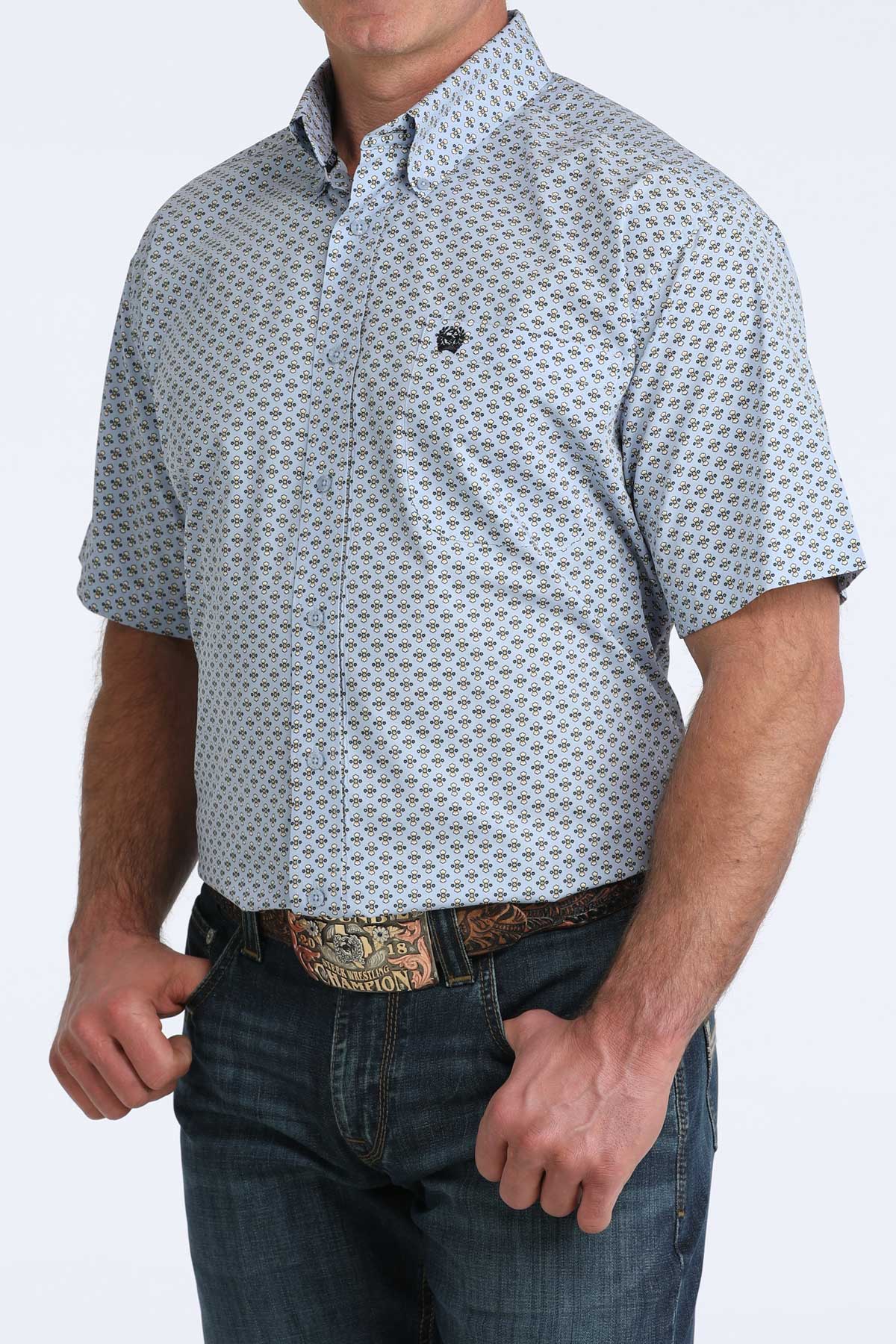 Cinch Men's Light Blue Floral Bow Short Sleeve Shirt