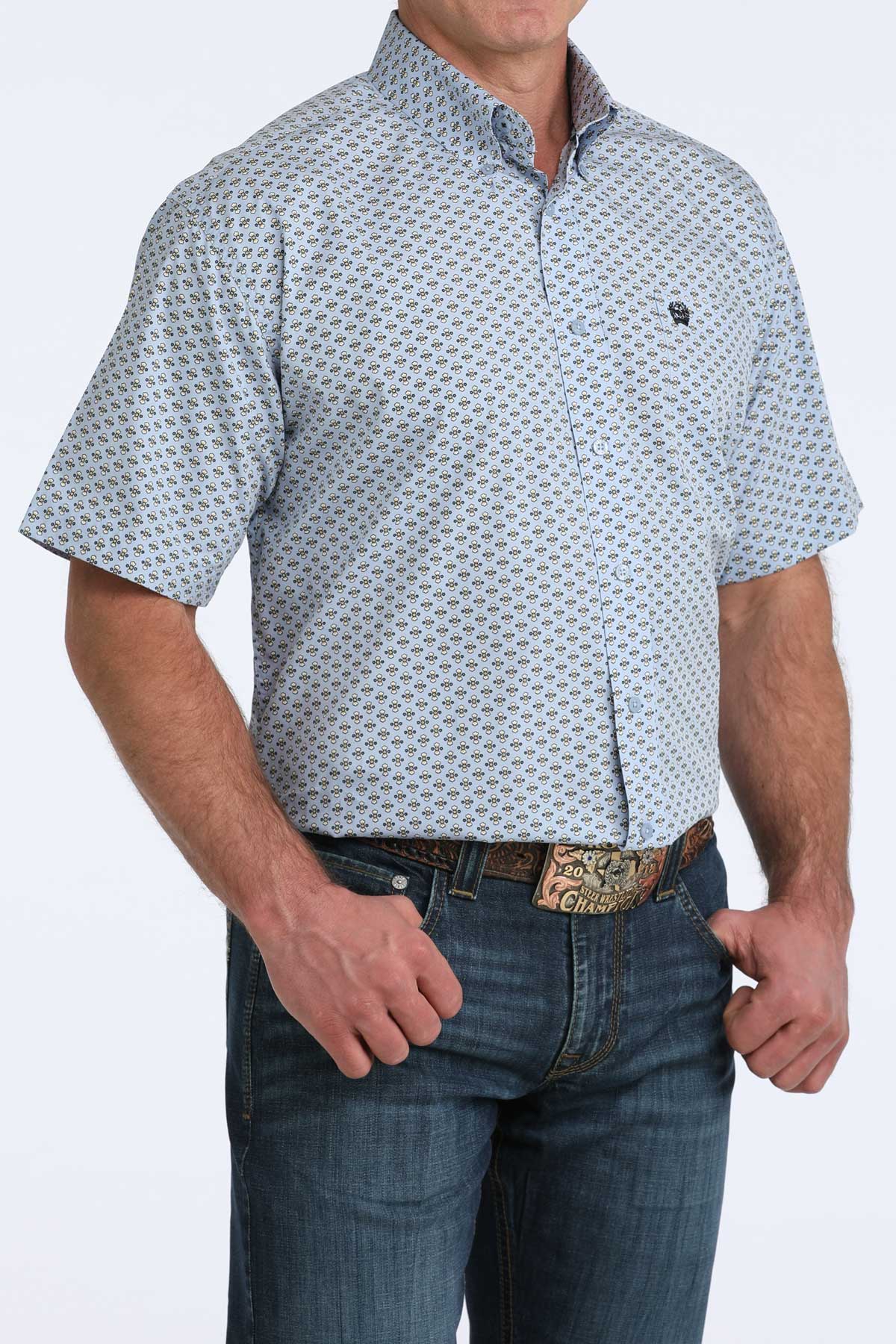 Cinch Men's Light Blue Floral Bow Short Sleeve Shirt