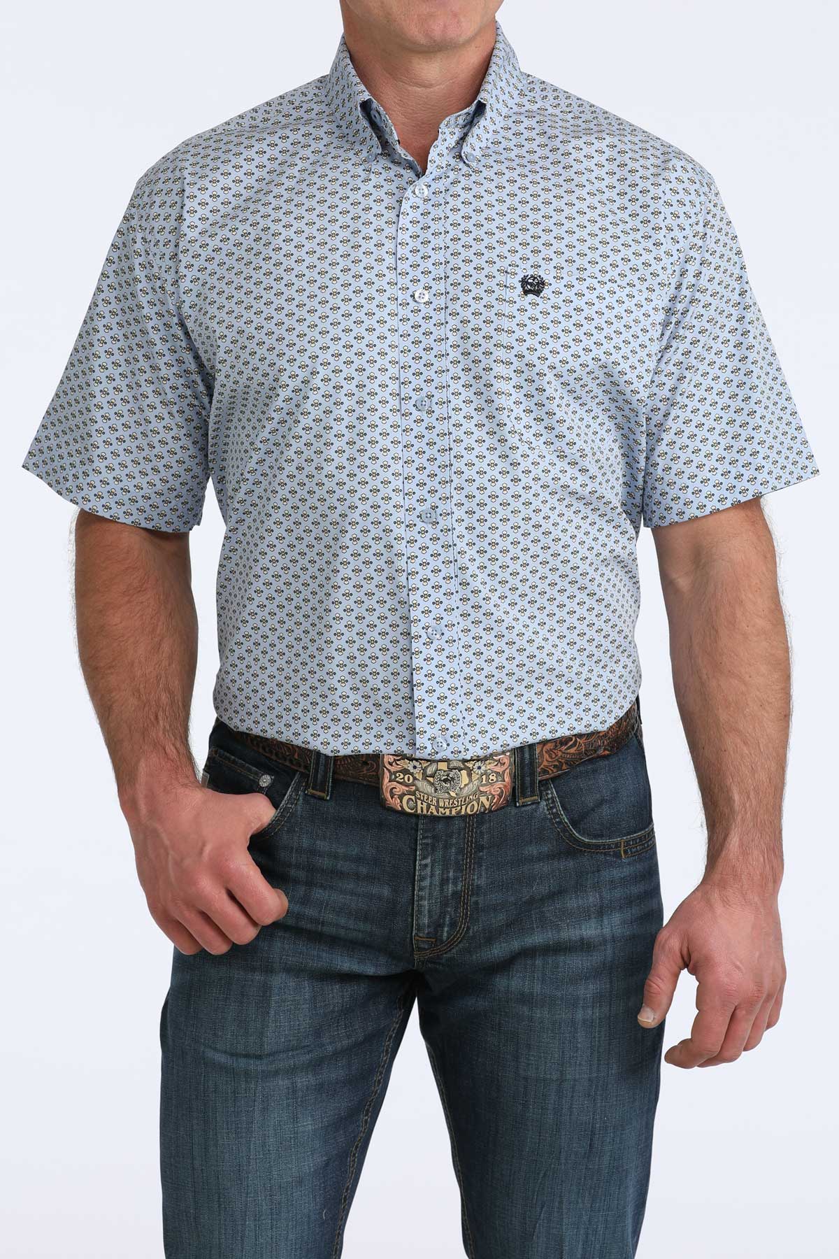 Cinch Men's Light Blue Floral Bow Short Sleeve Shirt