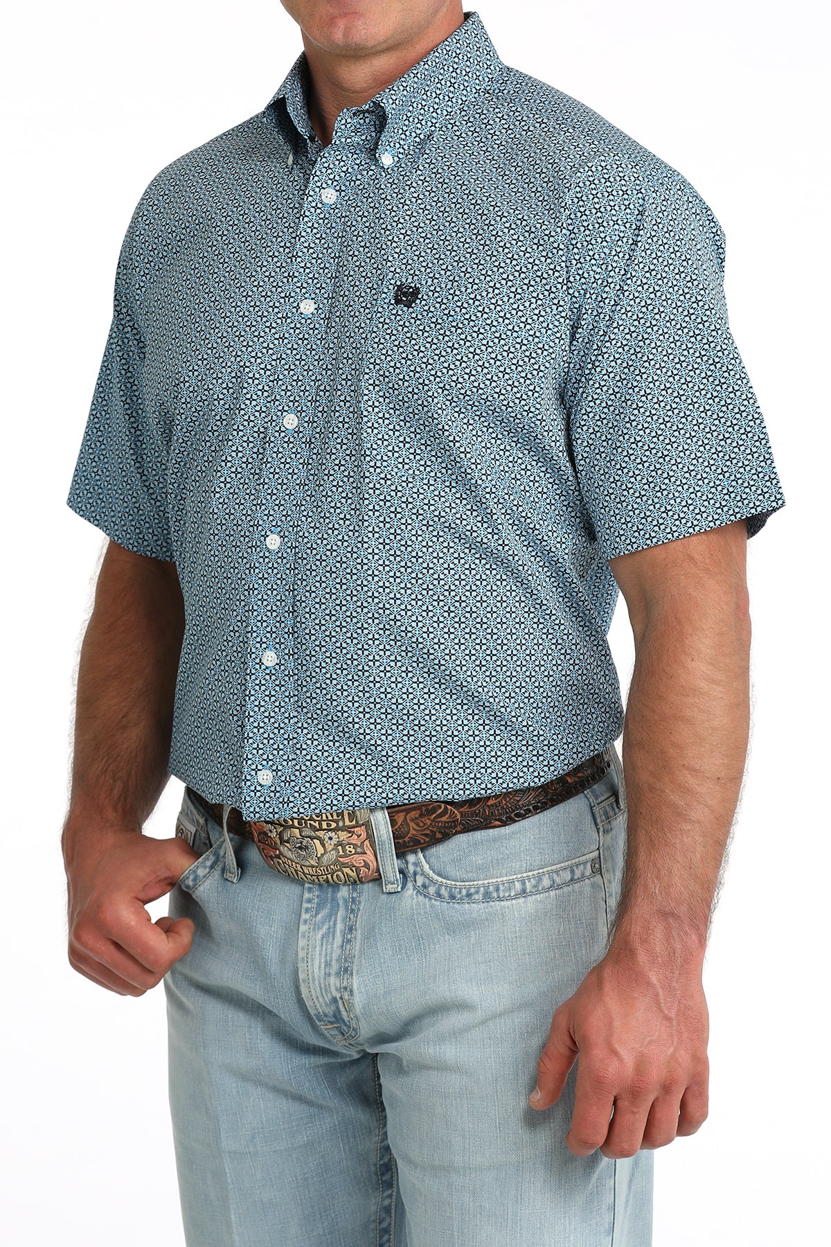 Cinch Men's Blue Cross Box Short Sleeve Shirt