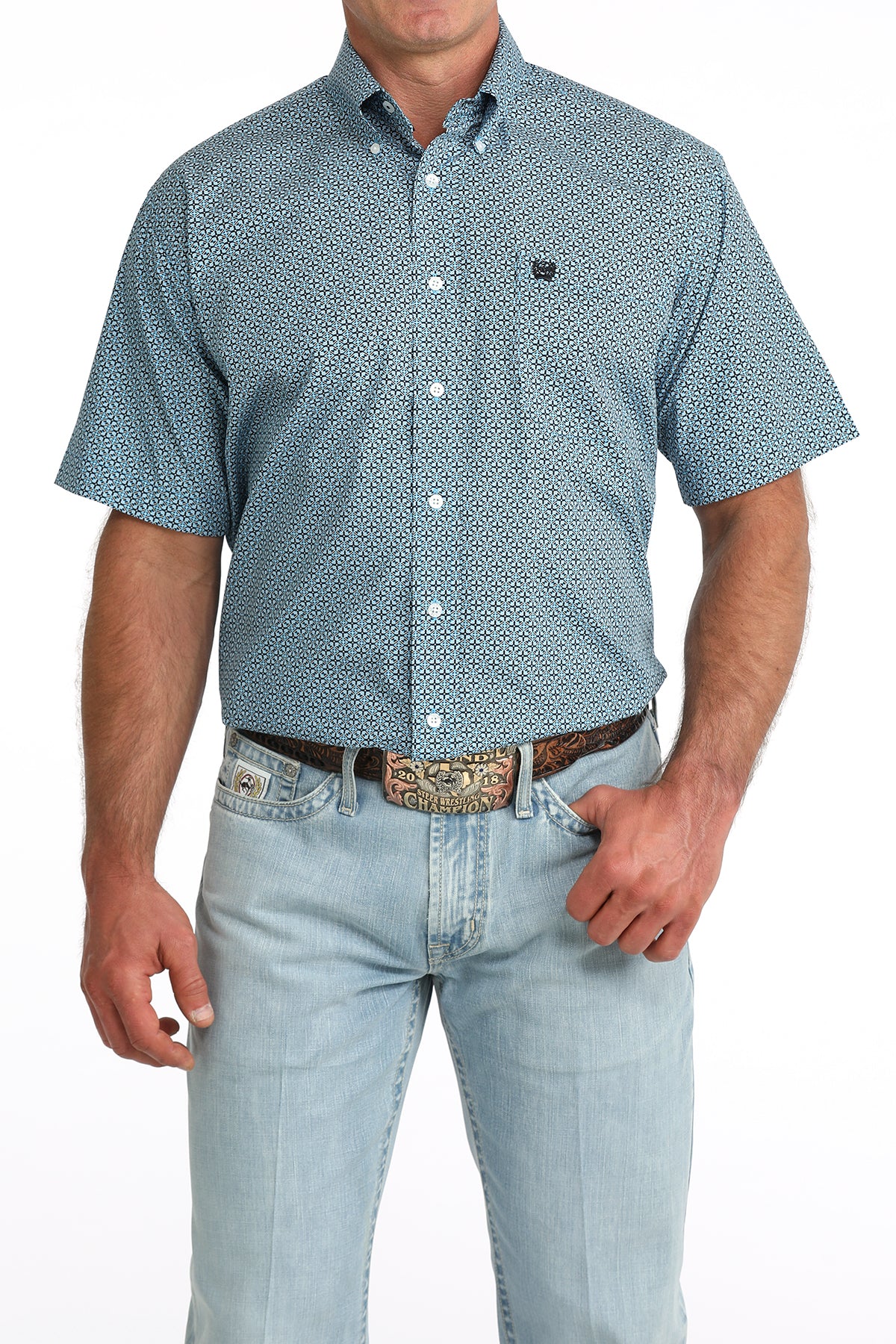 Cinch Men's Blue Cross Box Short Sleeve Shirt