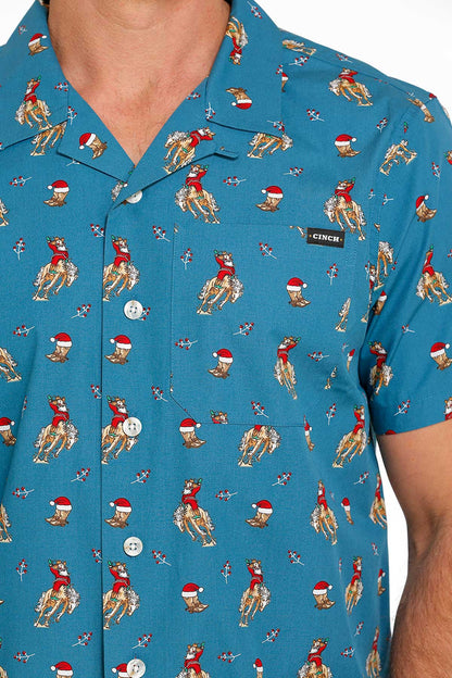 CINCH TEAL SANTA BRONC CAMP SHORT SLEEVE SHIRT