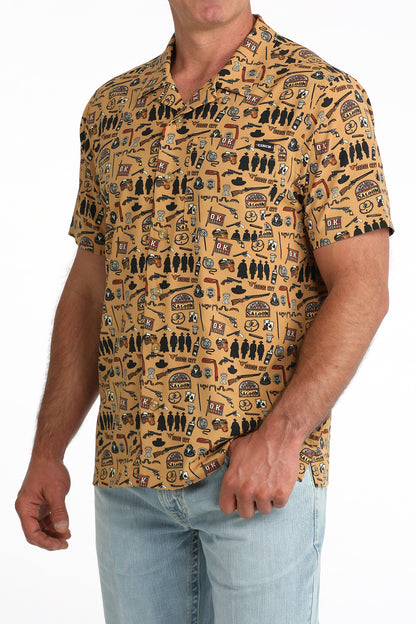 Cinch Men's Brown Western Outlaw Print Short Sleeve Camp Shirt