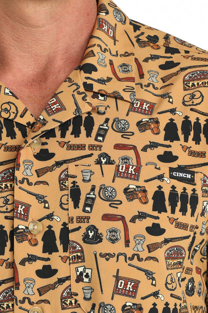 Cinch Men's Brown Western Outlaw Print Short Sleeve Camp Shirt