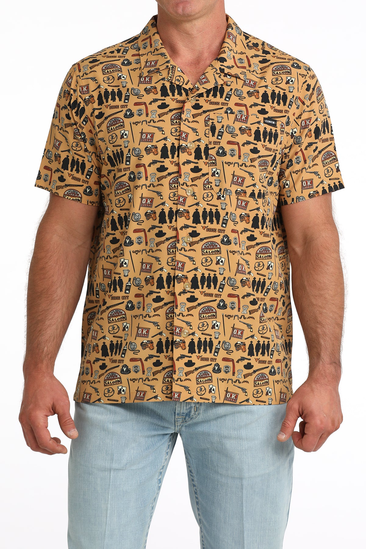 Cinch Men's Brown Western Outlaw Print Short Sleeve Camp Shirt