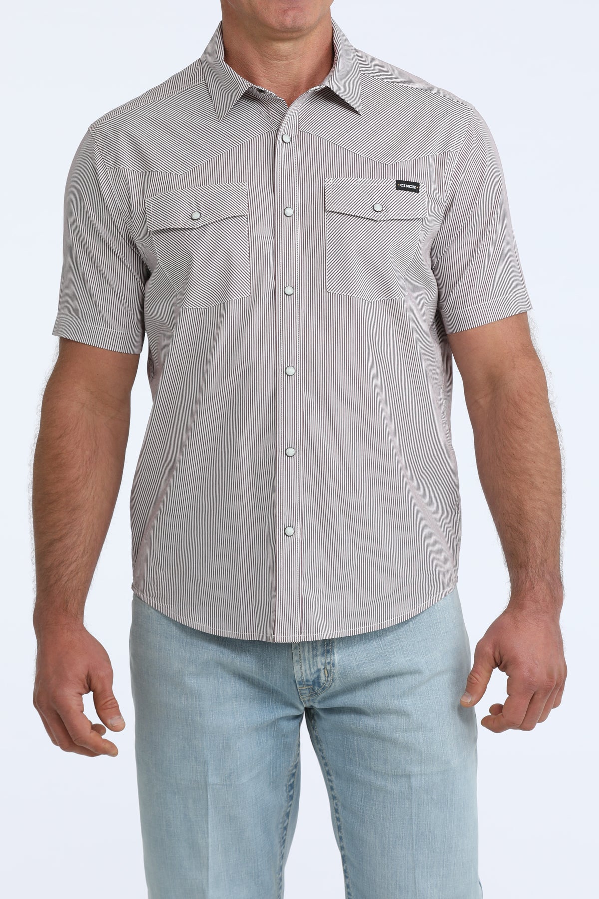 Cinch Burgundy Short Sleeve Striped Snap Shirt