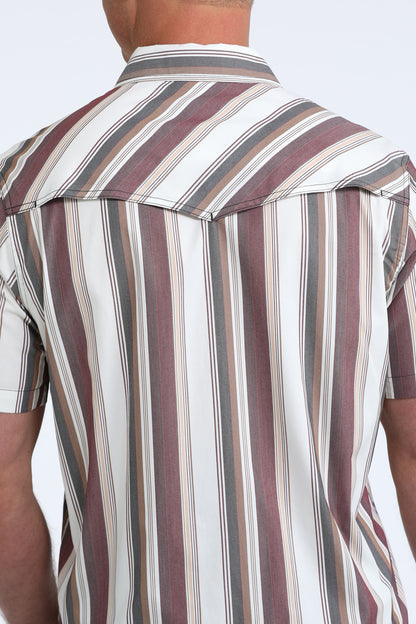 Cinch Short Sleeve Maroon Striped Camp Shirt