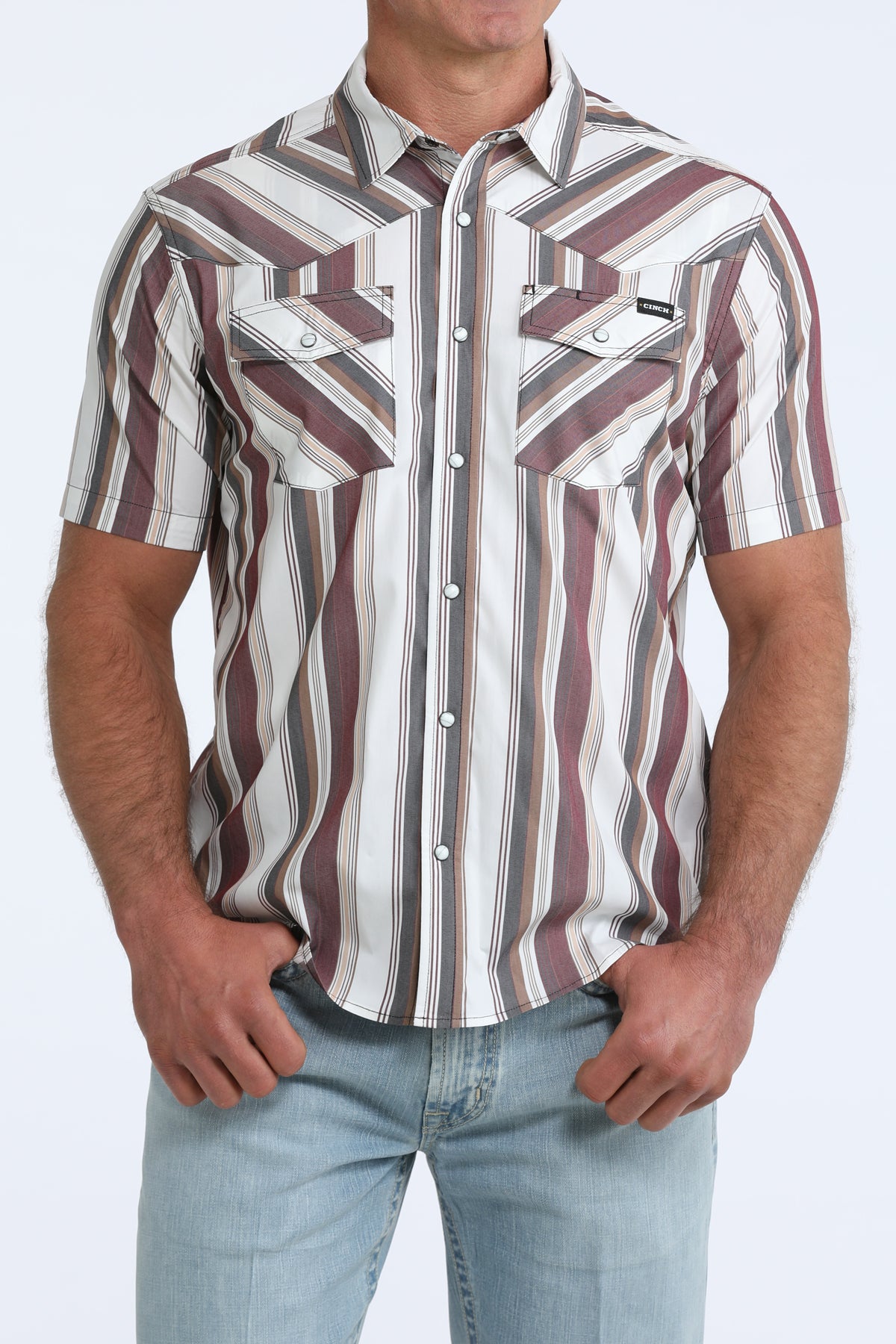 Cinch Short Sleeve Maroon Striped Camp Shirt