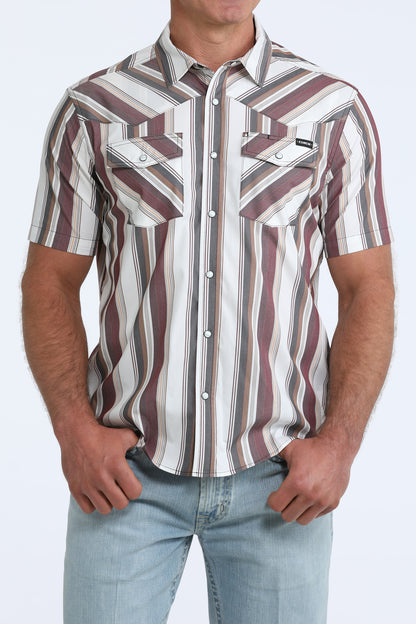 Cinch Short Sleeve Maroon Striped Camp Shirt