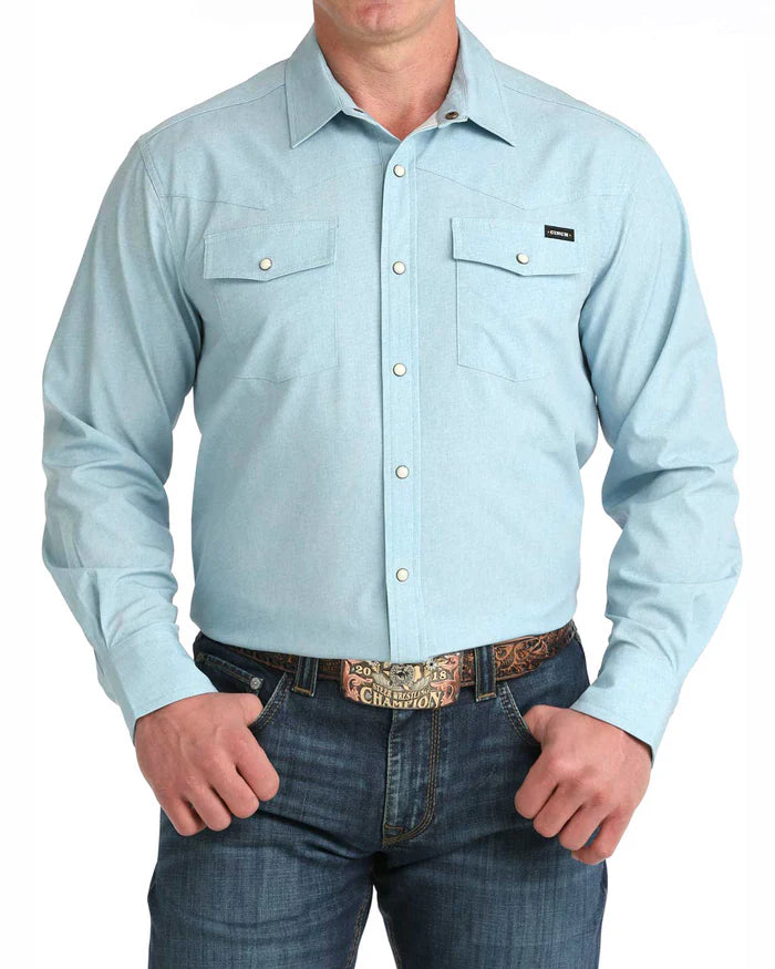 Cinch Men's Light Blue Stretch Ripstop Camp Shirt