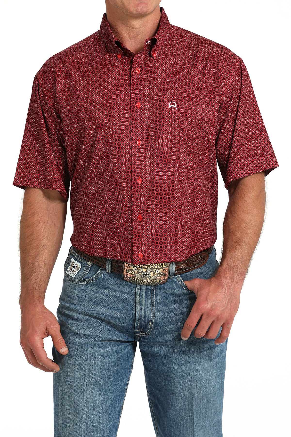 Cinch Men's Red Geo Print Arenaflex Short Sleeve Shirt